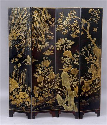 CHINESE BLACK LACQUER FOUR FOLD SCREEN The front showing a