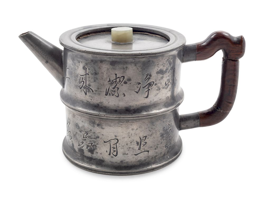 A Chinese Pewter Encased Yixing Pottery Teapot Height 3 1