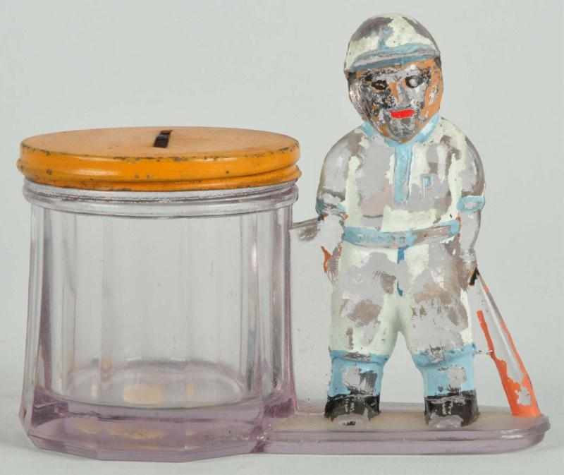 Glass Baseball Player with Bat Candy Container Description With pressed