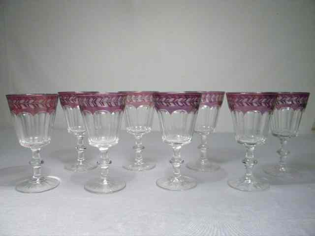 Eight etched amethyst colored flashed glass wine stems Amethyst flashed