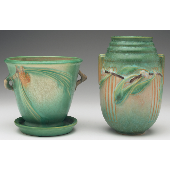 Roseville Pine Cone planter and under plate double handled form