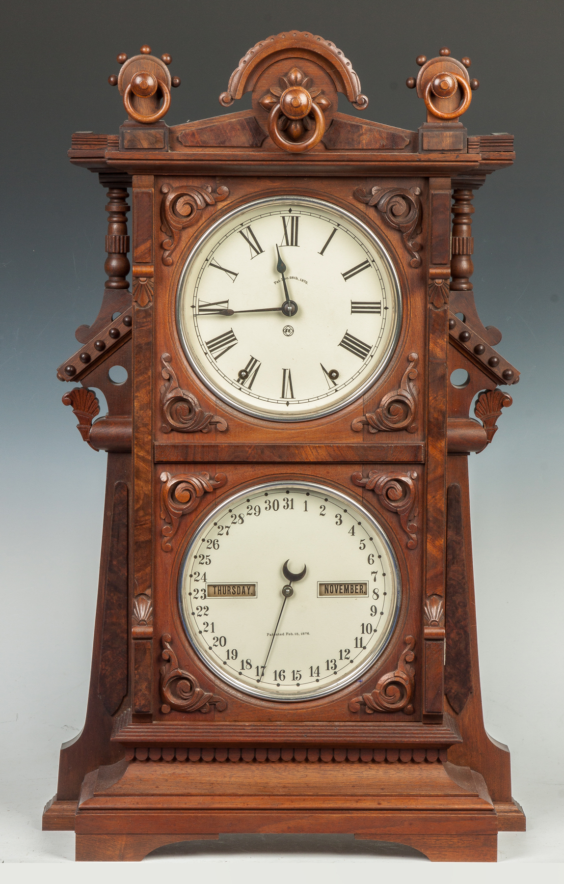 Seth Thomas Parlor Calendar Shelf Clock Carved walnut and burl