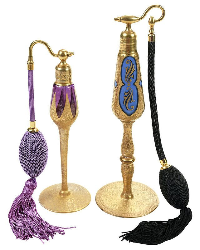 Two Art Deco Gilt Glass Perfume Atomizers possibly Imperial Glass