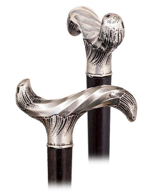 Silver Dress Cane Ca 1890 Derby shaped silver handle with