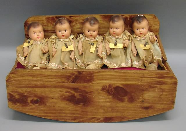 Set of 5 unmarked 7 Dionne type baby dolls in