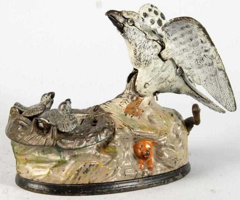 Cast Iron Eagle Eaglettes Mechanical Bank Description Manufactured by J
