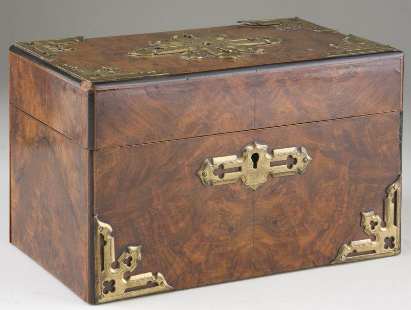 English Tea Caddy mid 19th century brass mounted burled walnut