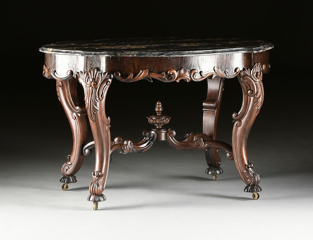 AN AMERICAN ROCOCO REVIVAL MARBLE TOPPED ROSEWOOD CENTER TABLE MID