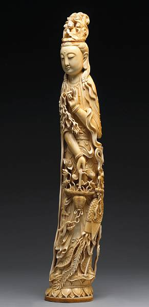 A large pieced and tinted ivory figure of Guanyin First