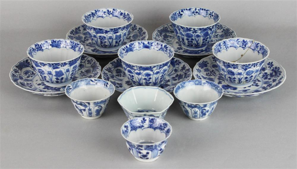 SET OF FIVE PAIRS OF BLUE AND WHITE MOLDED SAUCER