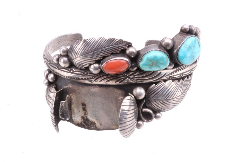 Signed Navajo Sterling Turquoise Coral Watch Cuff Included in this