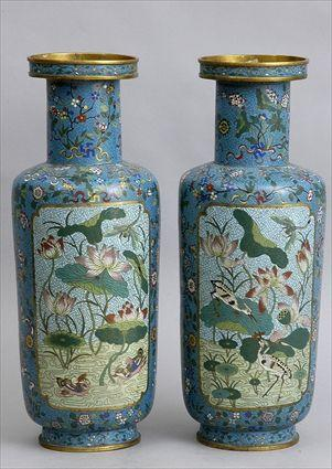 PAIR OF CHINESE CLOISONN VASES Each cylindrical bowl with 2