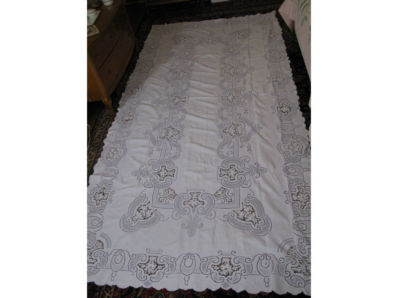 Vintage Appenzell Type Linen Lace Tablecloth hand worked with piercing