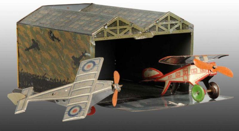 German Tin Toy Hanger with 2 Penny Toy Airplanes Description