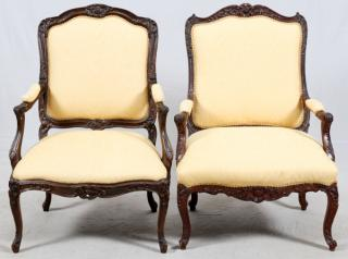 FRENCH LOUIS XV STYLE CARVED WALNUT OPEN ARMCHAIRS FRENCH LOUIS