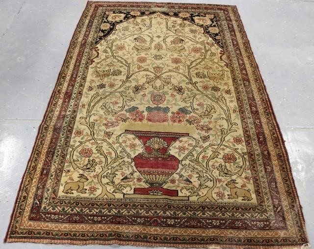 CIRCA 1900 KASHAN GARDEN CARPET FLORAL DESIGNWITH LARGE URN RABBITS