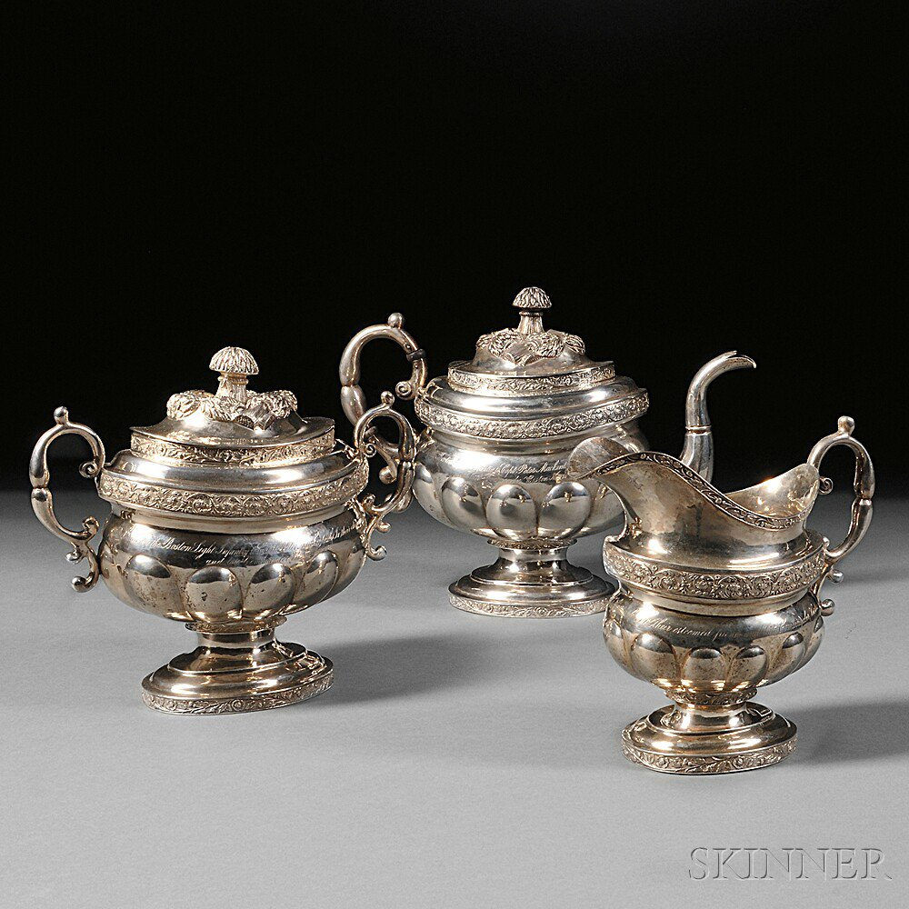 Three piece Presentation Coin Silver Tea Service Monell Williams New