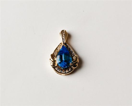 Pear Shaped Blue Topaz Pendant with Diamond in Gold Mounting
