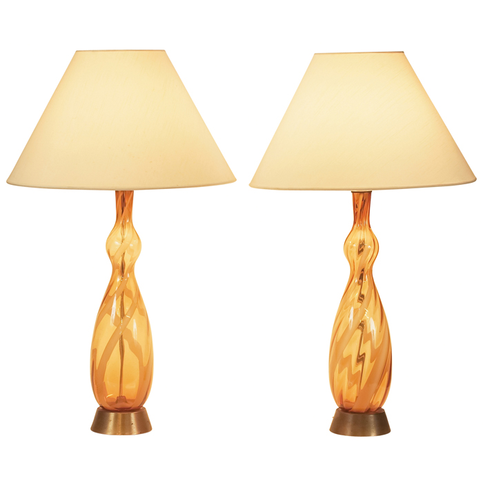 Murano glass table lamps pair Italy translucent amber glass bases