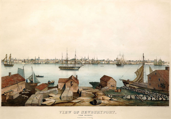 VIEW OF NEWBURYPORT FROM SALISBURY Handcolored lithograph by Lane and