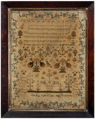 1840 verse sampler five line verse over arcaded floral band