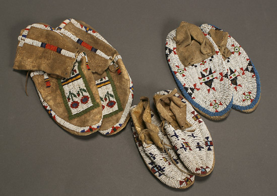 Three Pairs of Native American Beaded Hide Moccasins First Half