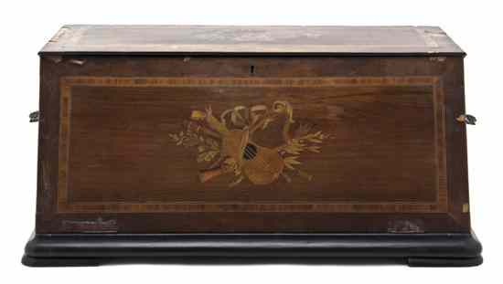 A Swiss Marquetry Cylinder and Bell Music Box of rectangular