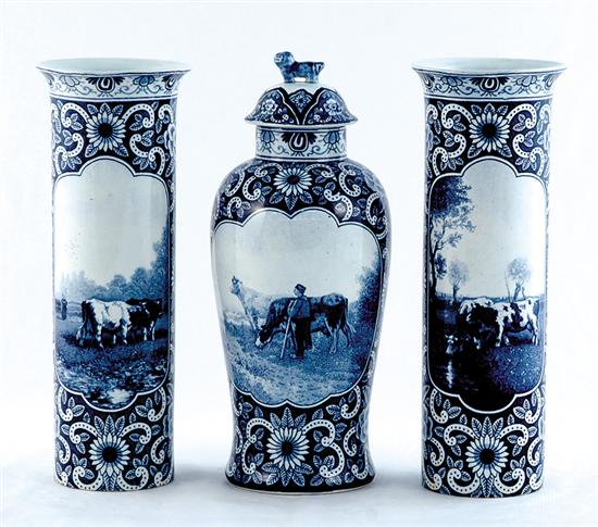 Delft garniture set late 19th early 20th century urn with
