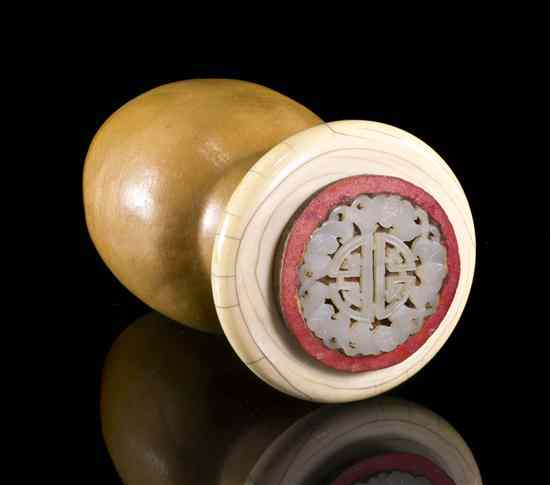 A Gourd Jade and Ivory Cricket Cage of gourd form