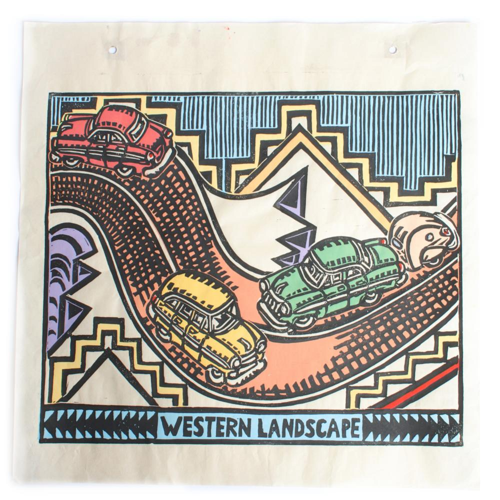 JAMES JIM SAMPSON INDIANA 1939 2021 WESTERN LANDSCAPE COLOR LINOCUT