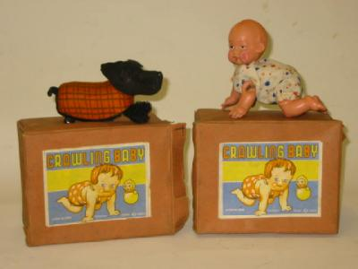 Three Crawling Baby toys celluloid construction clockwork powered two with