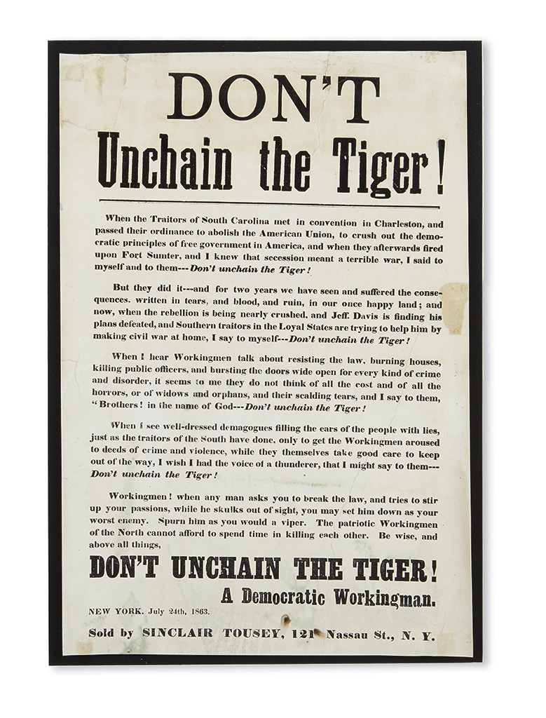 CIVIL WAR NEW YORK Don t Unchain the Tiger Letterpress