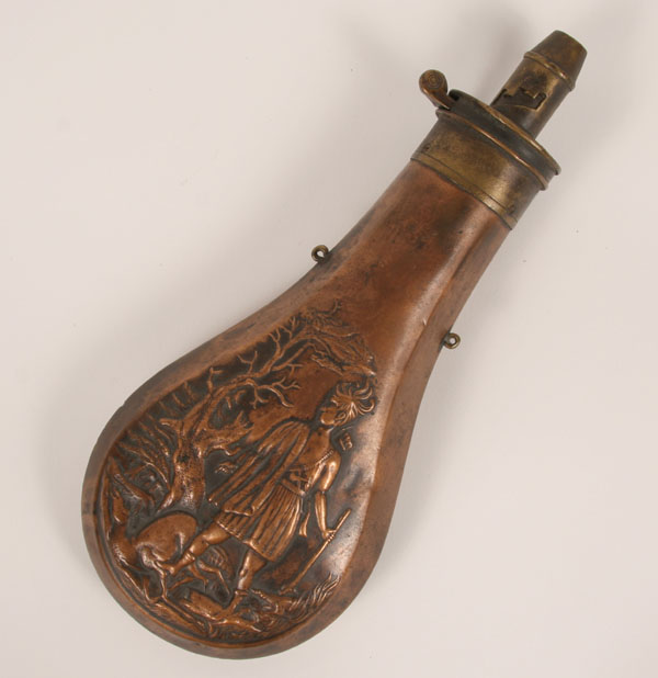 Fine powder horn with rare and unusual embossed Native American