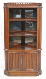 Walnut Mirror Back Corner Cabinet Shelves over 2 vertical panel