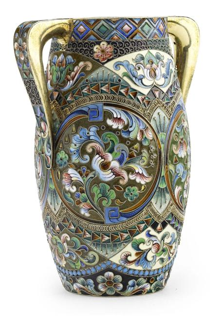 A Russian silver gilt and shaded cloisonn enamel two handled