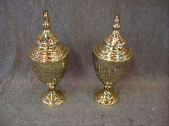 Pair gilt mercury glass urns w lids From a Flushing
