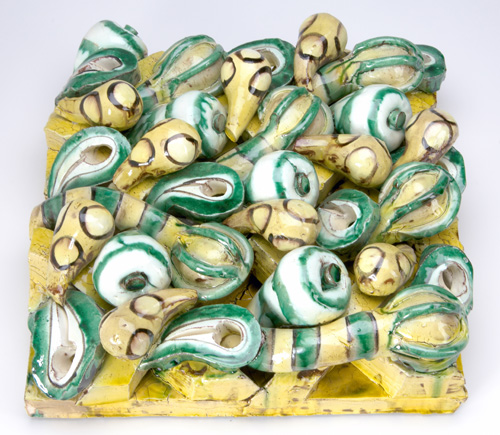 ANNABETH ROSEN Hand built ceramic plaque with fruits and gourds