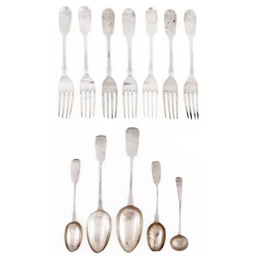 Seven Victorian silver dessert forks Fiddle pattern by H J