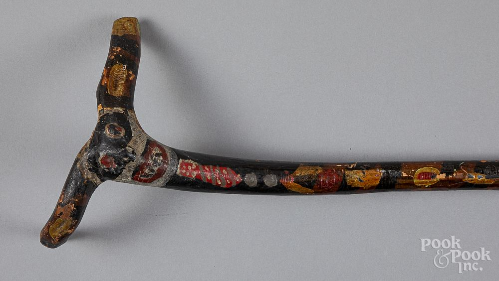 Carved and painted cane early 20th c Carved and painted