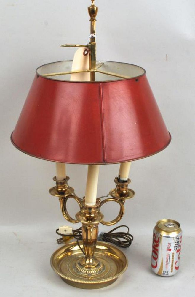 Three Light Red Tole Bouillote Lamp 24 high 13 wide