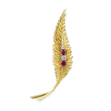 Gold Ruby and Diamond Feather Brooch Van Cleef Arpels Estimate