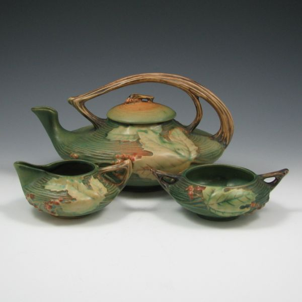 Roseville Bushberry tea set in green with lidded teapot creamer