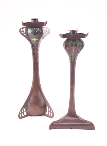 ART CRAFTS SHOP BUFFALO Two tall copper candlesticks enameled with