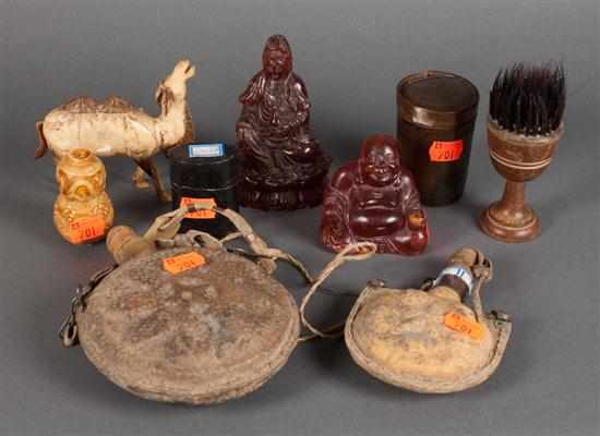 Assorted oriental items including resin Buddhas hide flasks horn cup