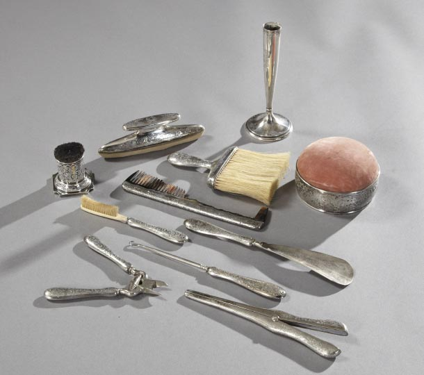Eleven Piece Gorham Floral Chased Sterling Silver Toilette Service first