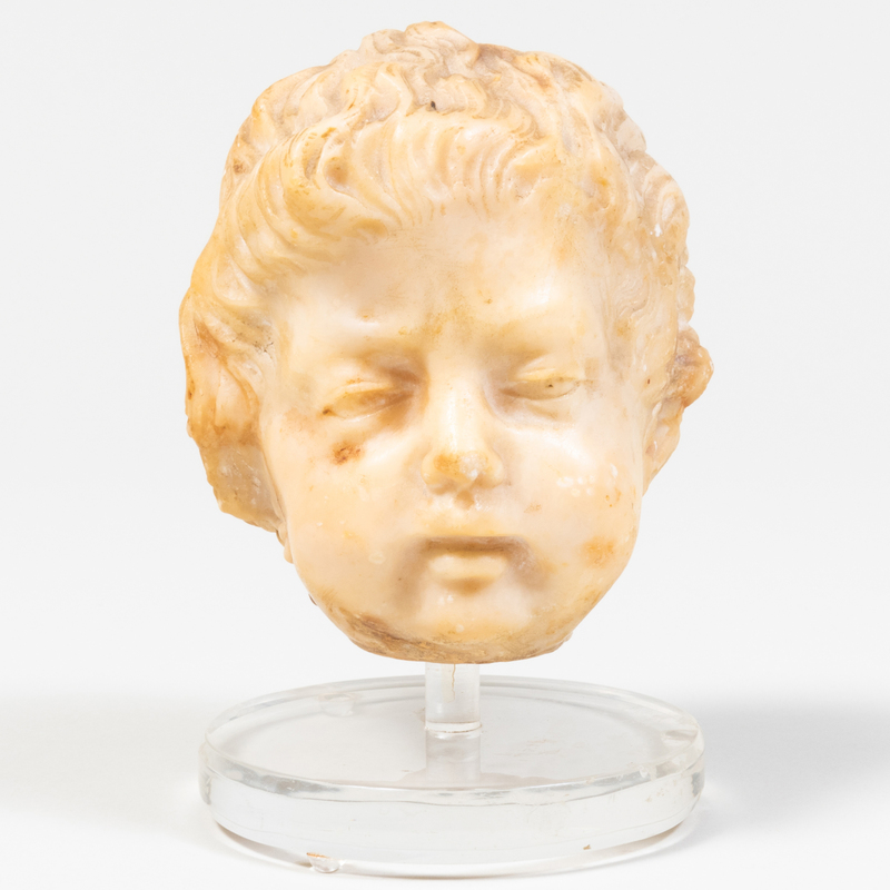 CONTINENTAL BAROQUE CARVED WHITE MARBLE BUST OF A CHERUB 4