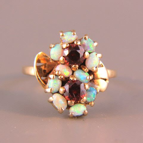 Garnet Opal Ring 2 rich garnets surrounded by 10 fiery