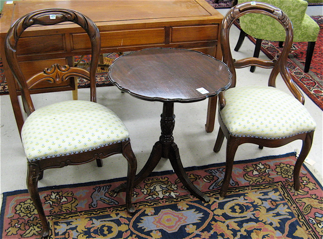 TRIPOD TEA TABLE AND TWO VICTORIAN STYLE SIDE CHAIRS American