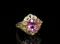 Ladies Pink Tourmaline Gold Ring 14K yellow gold ornate ring