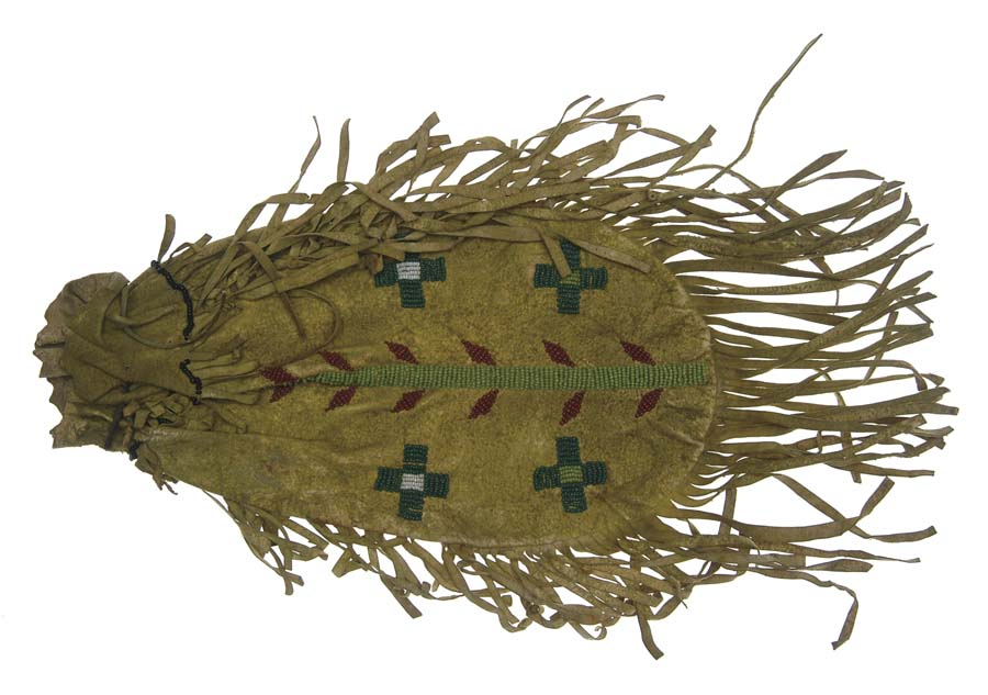 LATE 19TH CENTURY SIOUX POUCH Native tanned cowhide painted overall